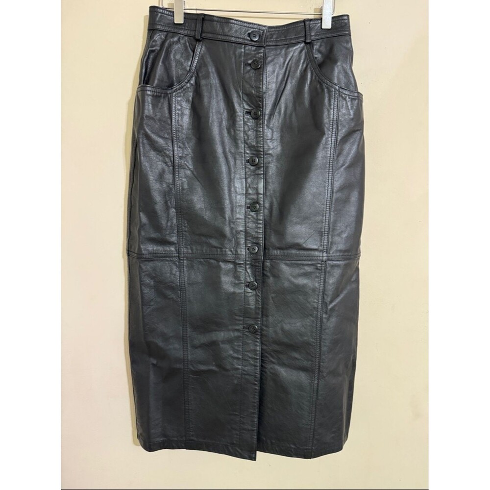 Vintage Black Leather Button-Front Midi Pencil Skirt size 12 Minimalist Classic